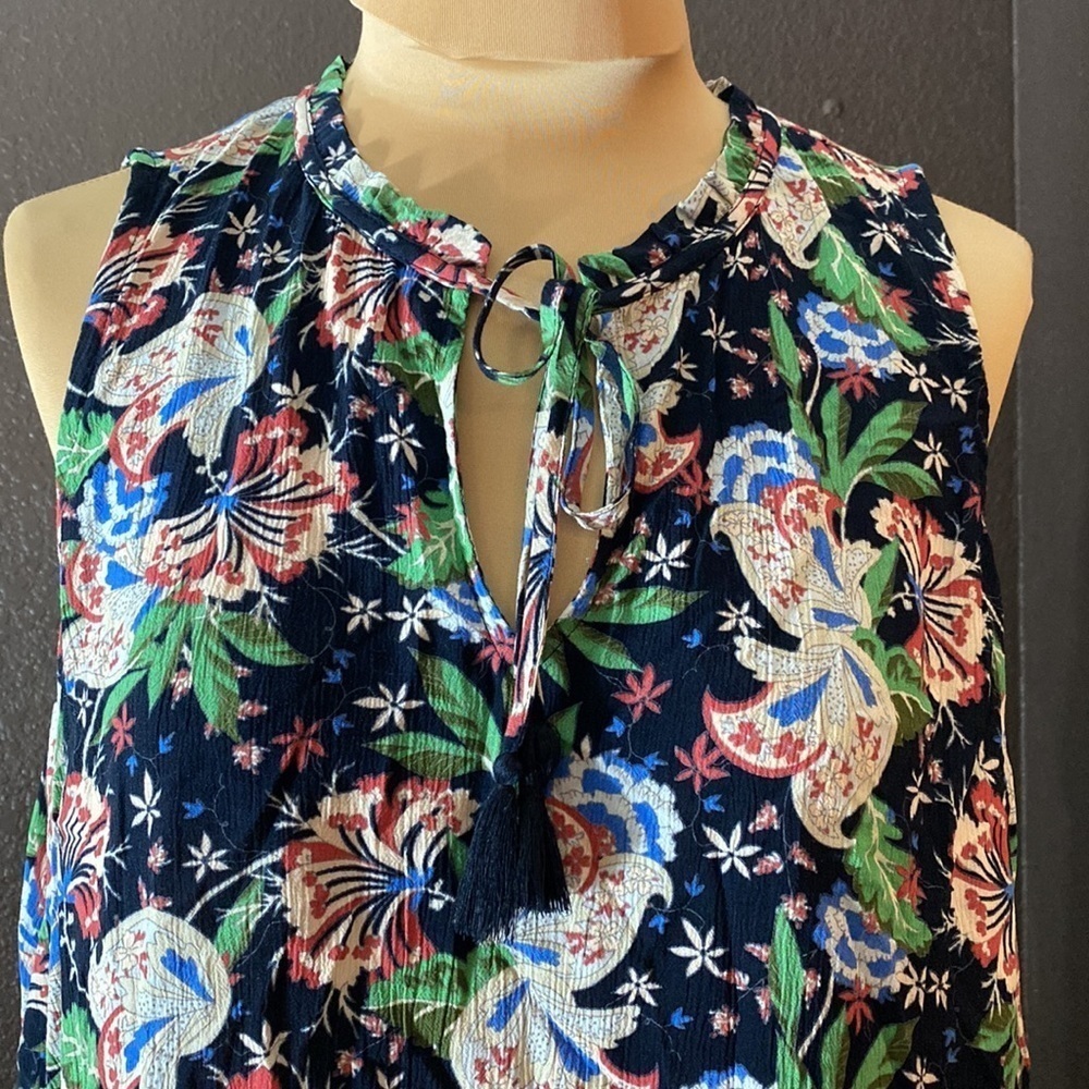 J. Crew blue floral crepe tie neck bohemian sleeveless tunic blouse top